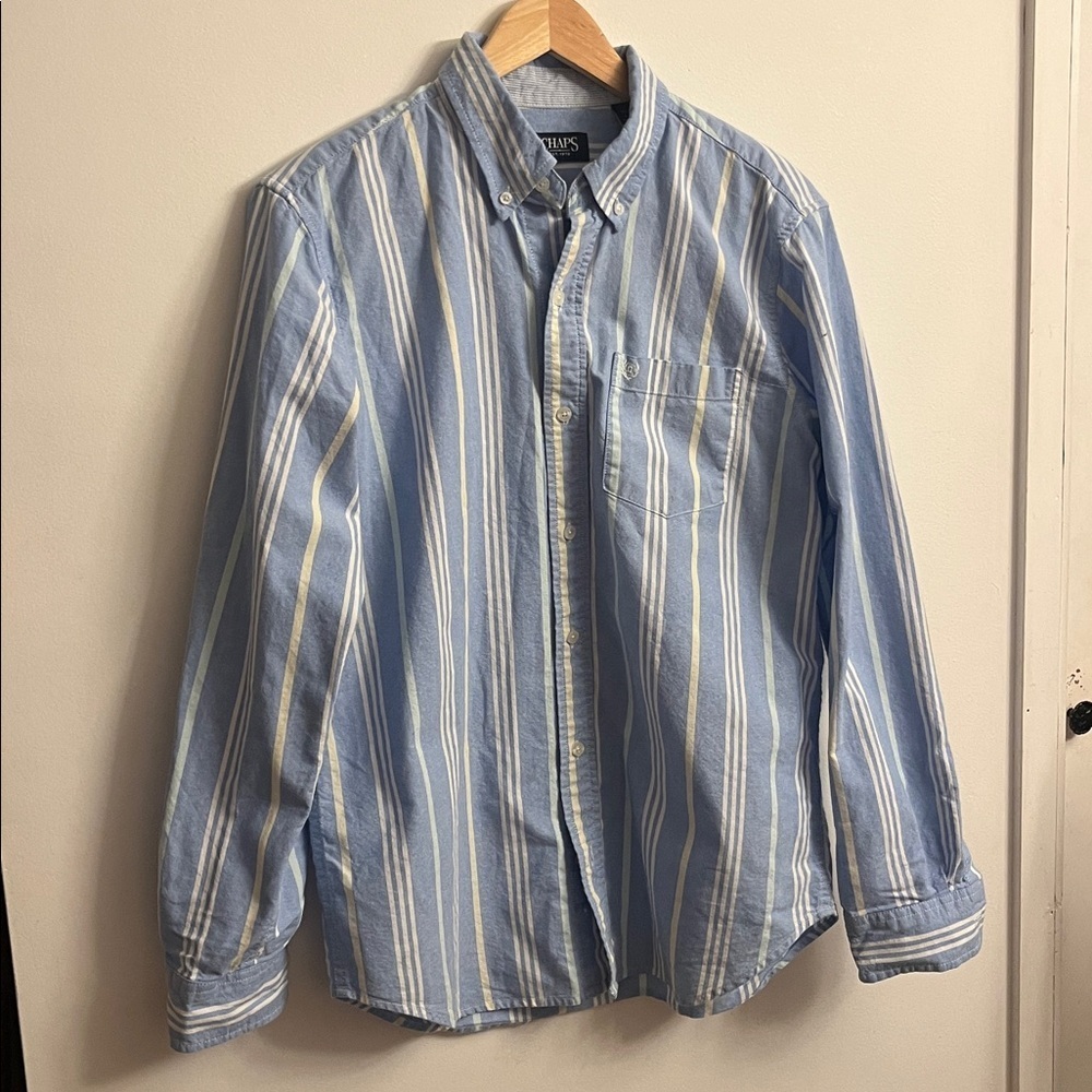 Chaps striped shirt blue white yellow green medium